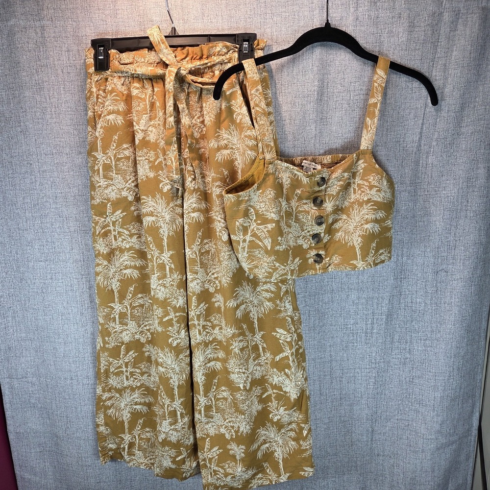 American Eagle Womens Pull On Pants & Crop Top Small Mustard Yellow Palm Tree